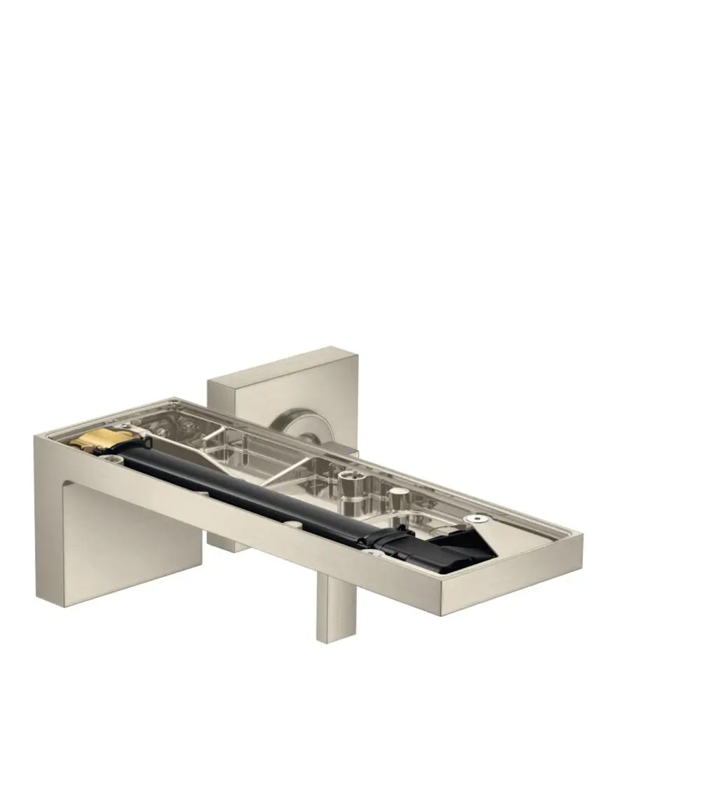 Einhebel-Waschtischmischer von AXOR für die Wandmontage in gebürstetem Nickel, mit einem deutlich sichtbaren Auslauf und minimalistischer, klarer Form.